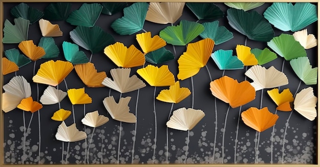 3d colorful illustration of ginkgo leaves deer and leaves in dark background minimalist handpainted canvas art wall frame decor generate ai