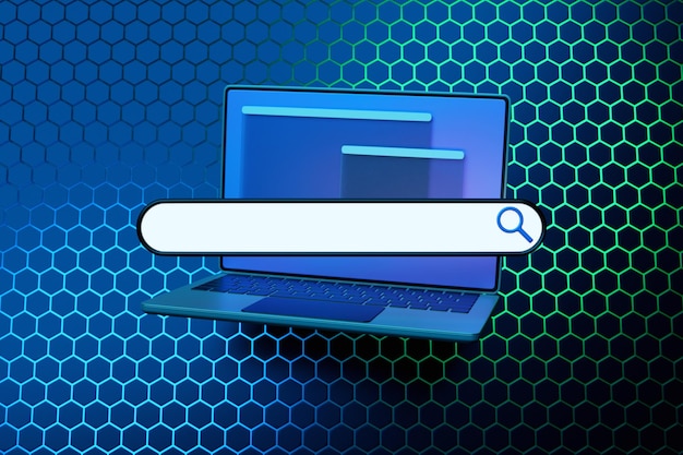 3D красочная иллюстрация современного ноутбука с панелью поиска информации на сотовом фоне Концепция общения через Интернет социальные сети чат видео новостные сообщения веб-сайт