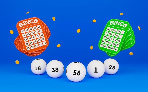 3d colorful lottery tickets white lottery balls and coins on\
blue background bingo or lottery game