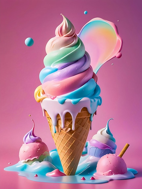 3d colorful melting ice cream cone