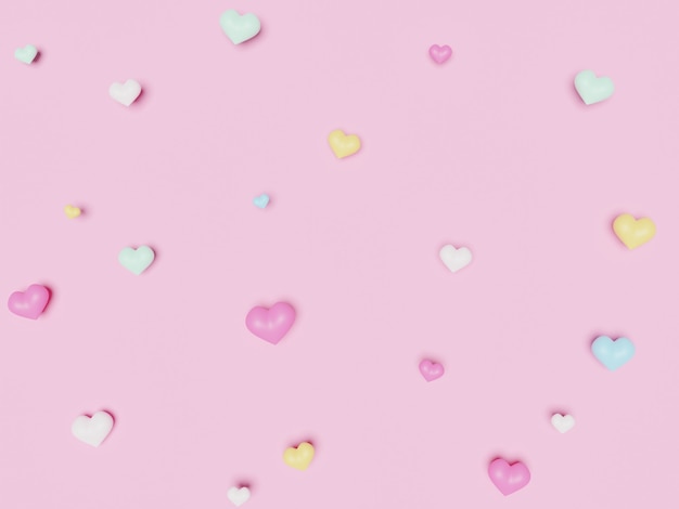 3D colorful pastel hearts on pink surface