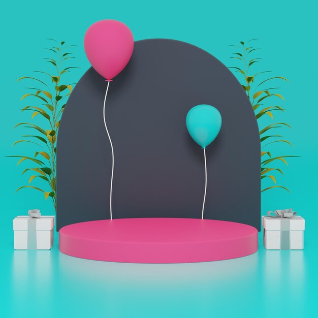 3D colorful podium with balloons and gifts