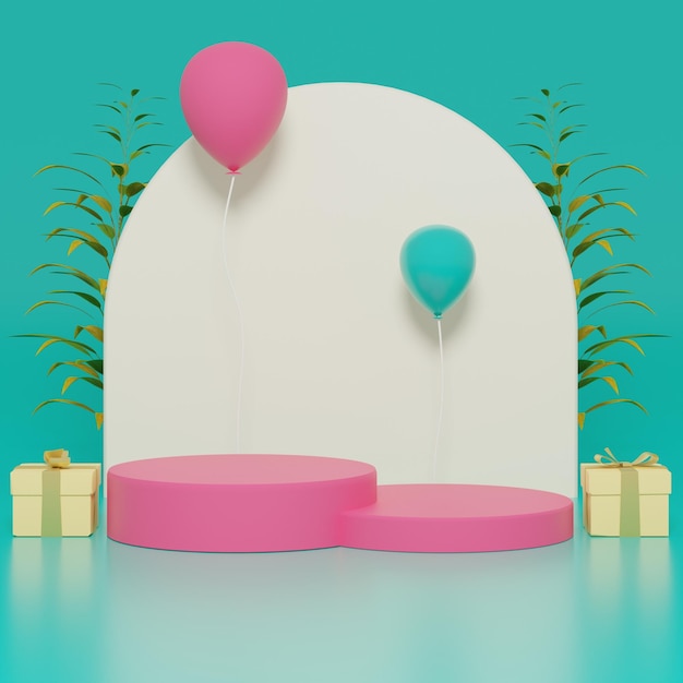 3d colorful podiums with balloons and gifts