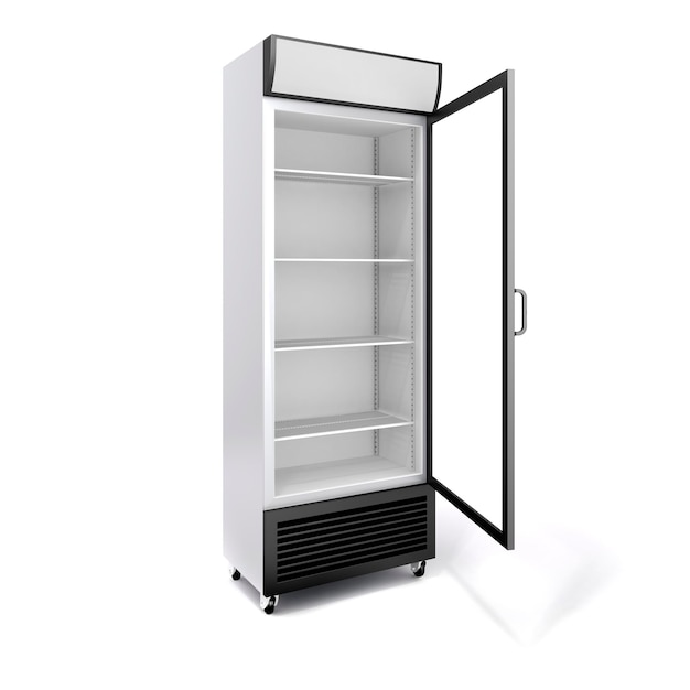 3d коммерческий холодильник со стеклянной дверью на белом фоне