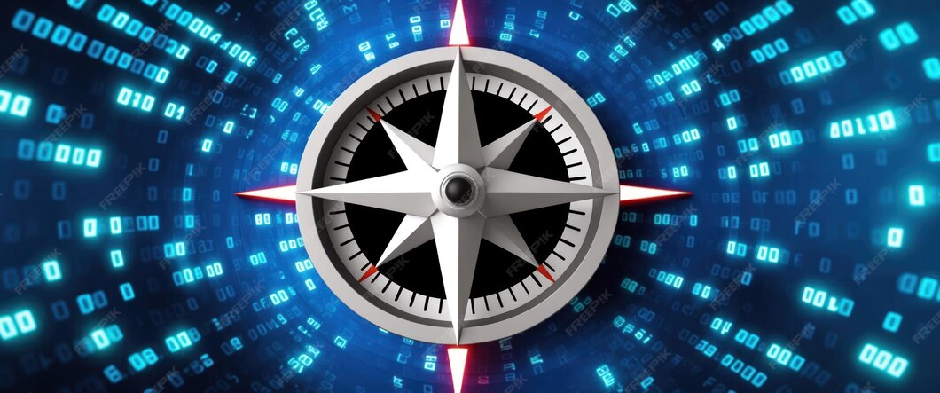 3D compass over a blue digital code background symbolizing navigation ...