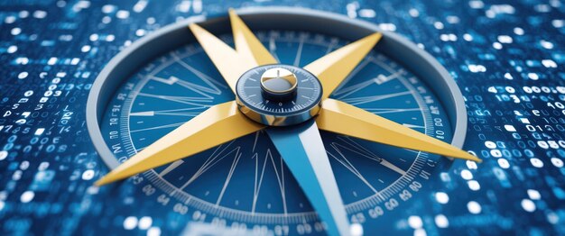 3D compass over a blue digital code background symbolizing navigation ... image.
