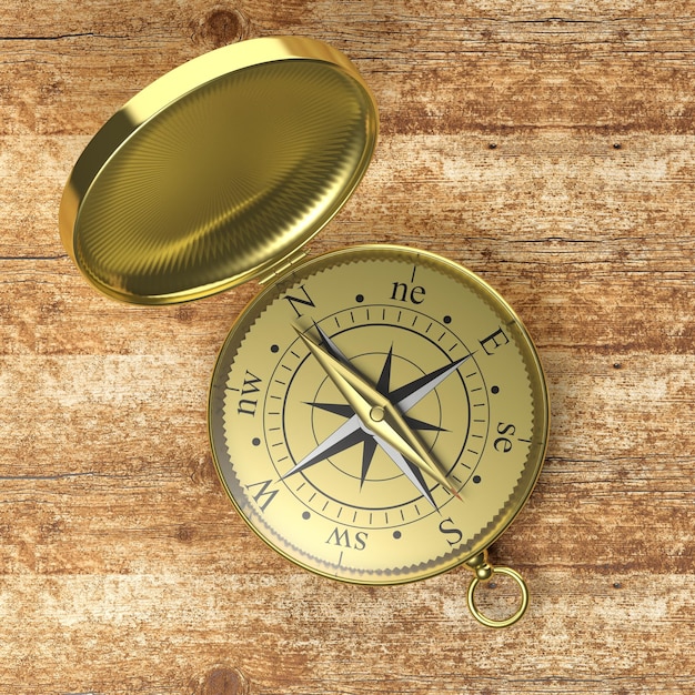 3D compass on wooden background