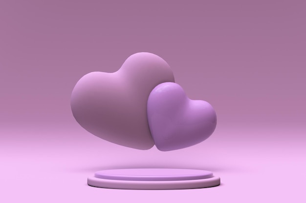 3d-compositie met roze hart en rond podium happy valentines day-concept voor een begroetingsposter