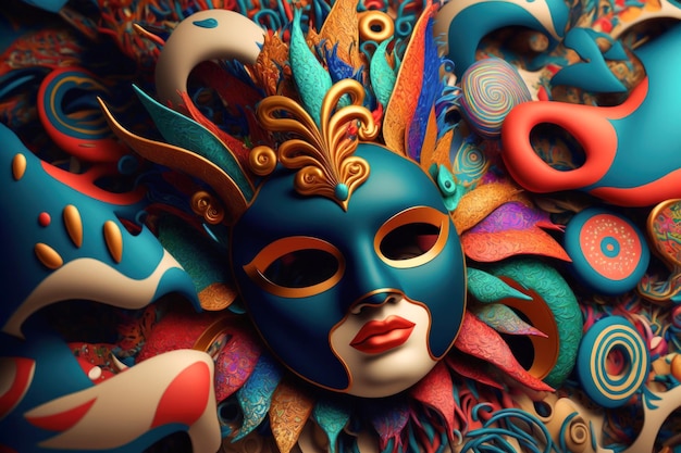 3D composition of colorful carnival masks - AI Generated