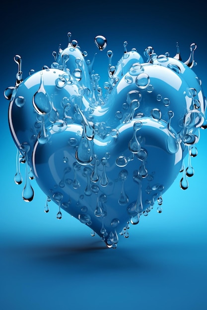 a 3D composition featuring water droplets forming the shape of a heart