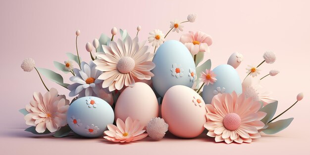 3d Composition with Happy Easter eggs with flowers Stylish spring template Greeting card or banner