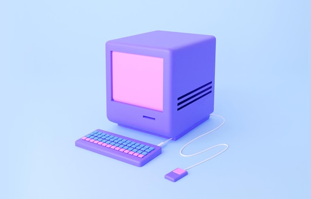 Illustrazione del rendering 3d degli anni '90 del computer 3d in stile cartone animato nei toni del rosa e del blu