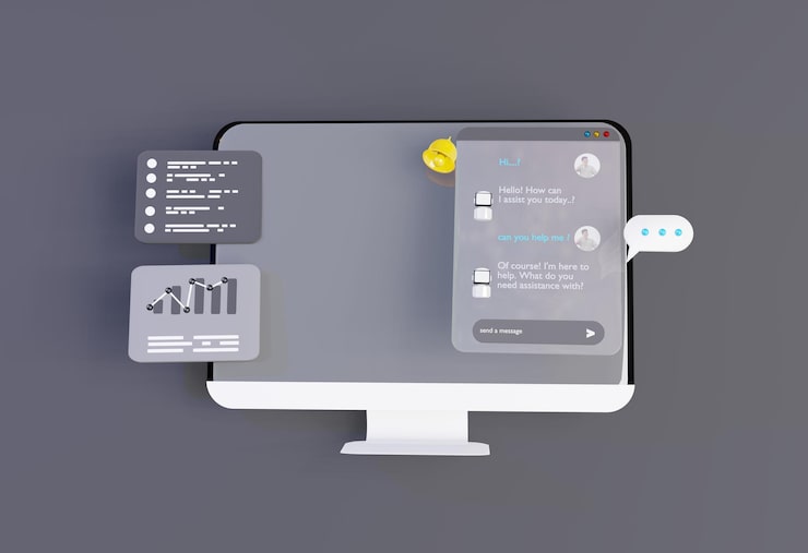 Photo 3d 컴퓨터 ai 로 채트 웹 uiux 소프트웨어 프로그래밍 알고리즘 3d 렌더링 일러스트레이션
