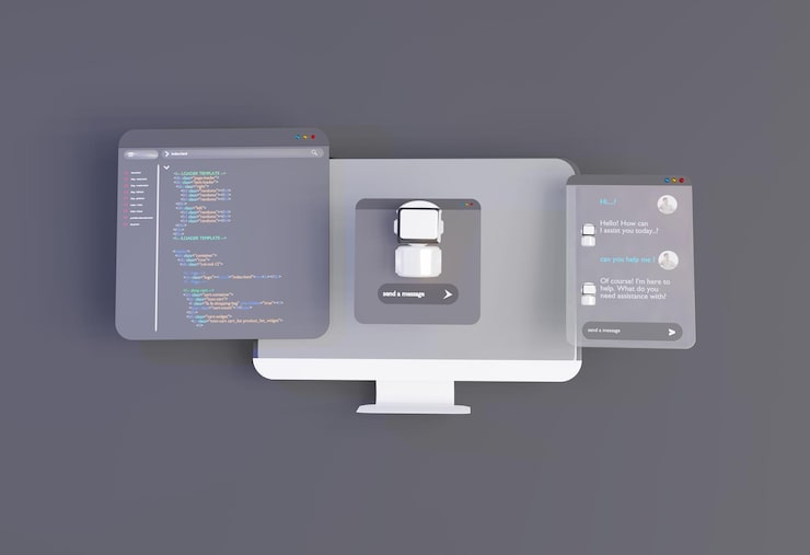 Photo 3d 컴퓨터 ai 로 채트 웹 uiux 소프트웨어 프로그래밍 알고리즘 3d 렌더링 일러스트레이션
