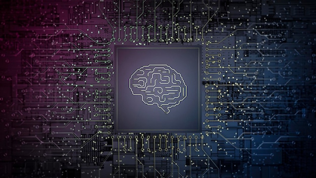 3d computer chip cpu with human brain processor on technology
board ai science data network concept