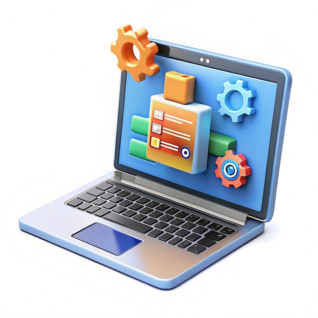 3D Computer laptop en programma code ontwikkeling Web codering concept Website programmering Realistische elementen Cartoon creatief ontwerp icoon geïsoleerd op witte achtergrond 3D Rendering