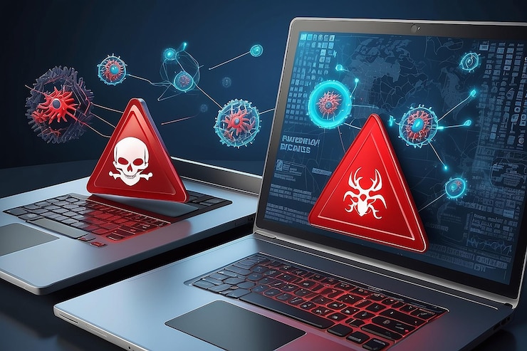 Photo 3d computer virus detection icons system error warning on a laptop emergency alert of threat
