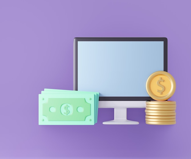 3D computer with money banknote and coins. Pastel Style. 3D Illustration Rendering.