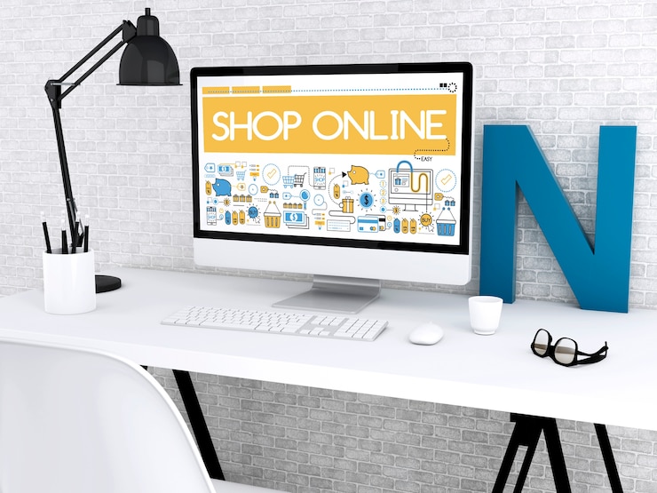 Photo 3d 電腦與 shop online 的文字