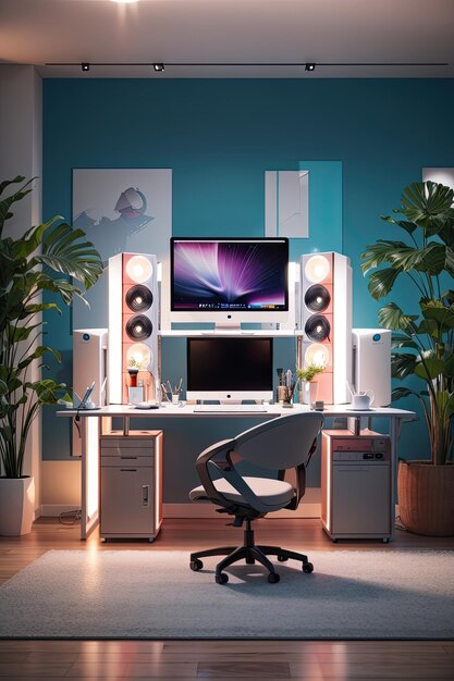3d computer workstation with desk in room