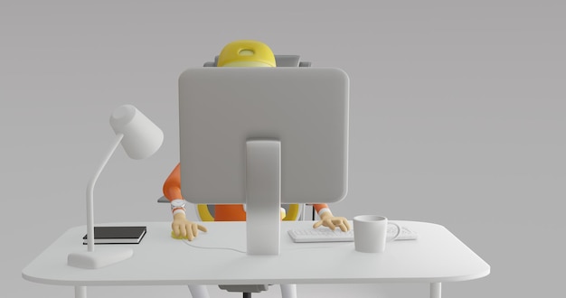 3d concept illustration of a man at work looking at a monitor screen wearing an orange shirt