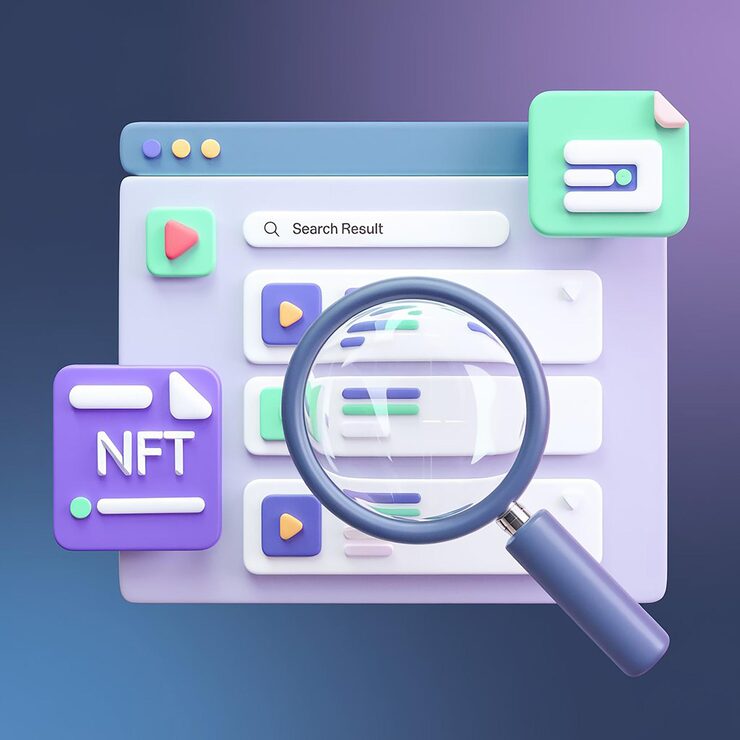 Photo 3d concept of media file management searching image and video files in nft database document management soft document flow app compound docs concept 3d vector rendering magnifying nft
