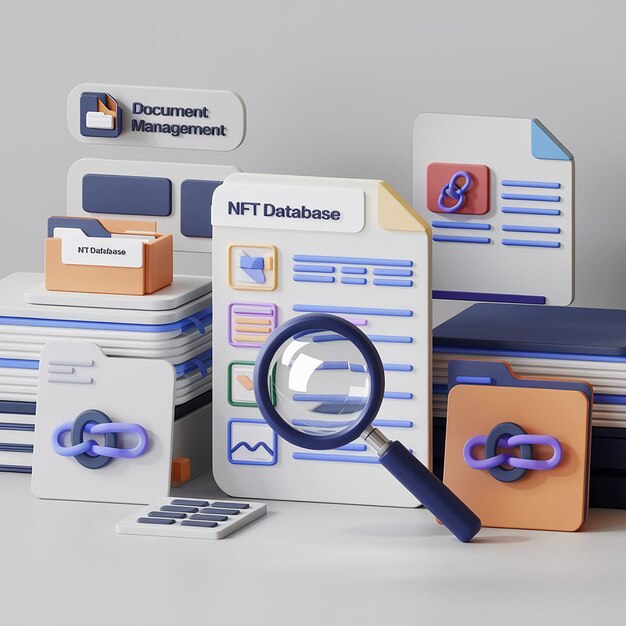 3d concept of media file management searching image and video files in nft database document management soft document flow app compound docs concept 3d vector rendering magnifying nft
