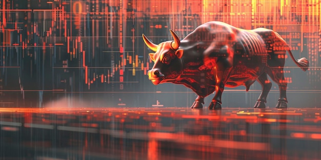 3D Concept Render of a Stock Market Bull Design with Stock Chart in the Background