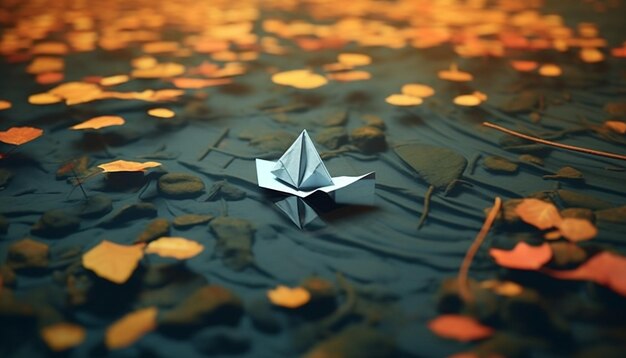 Photo a 3d concept of a simple paper boat floating on a small puddle