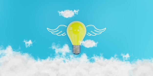 3D Conceptual Illustration. winged light bulb, Freedom of thought, creative idea and innovation concept