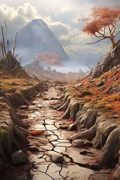 a 3D conceptual image of a cracked earth landscape slowly being revived by a gentle rain