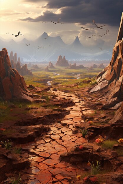 a 3D conceptual image of a cracked earth landscape slowly being revived by a gentle rain