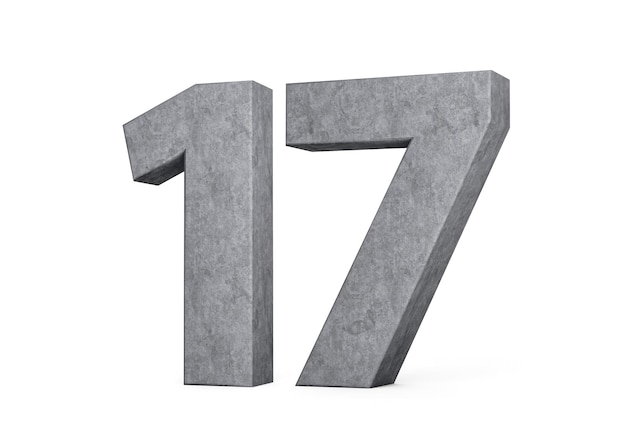 3d Бетонный номер семнадцать 17 цифр из серого бетонного камня на белом фоне 3d