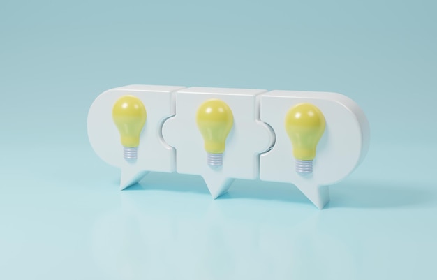 3D Connected jigsaw puzzle speech bubbles of light bulb, brainstorming ideas, discussion concept.