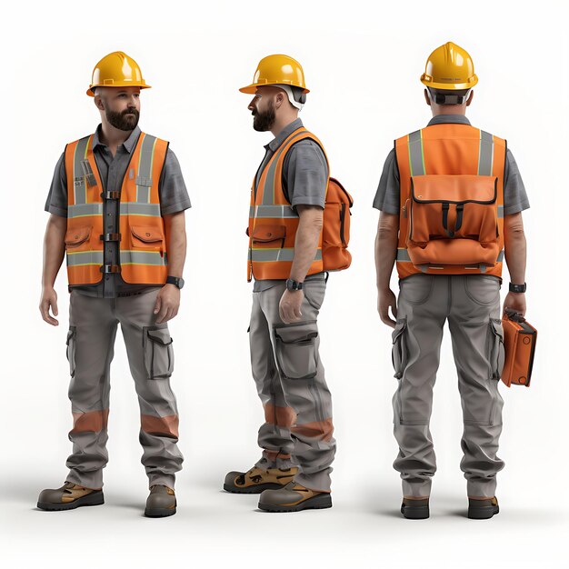 Photo 3d of construction worker hard hat and reflective vest showc character turnaround on white bg