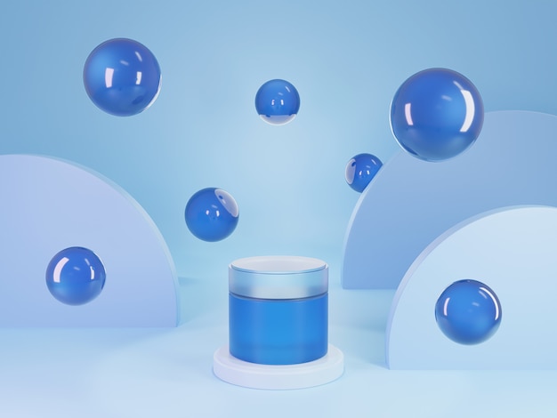 3D Cosmetic Blue Cream Pot mockup that represent moisture with blue background and blue crystal bal