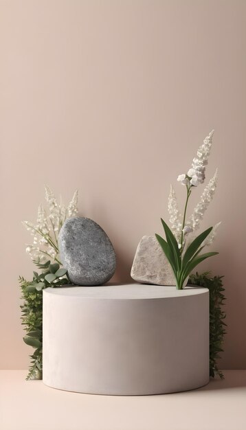 3D Cosmetic Podium on Stone and Plant Background