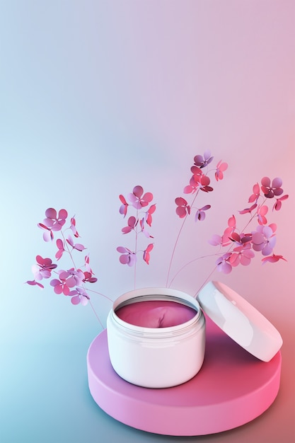 3d cosmetica pot, schoonheid cosmetisch product voor gezichtsverzorging op roze blauwe achtergrond met kleurovergang met lentebloemen, gezichtscrème pakketontwerp.