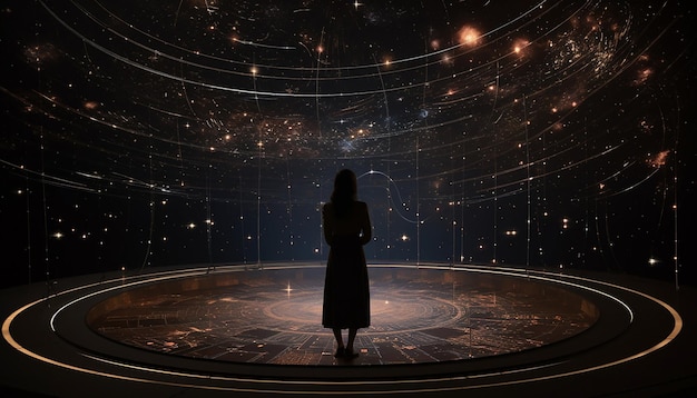 여성들이 밤하늘에 별자리로 묘사된 3D 우주 장면