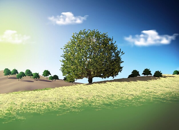 Foto paesaggio di campagna 3d con alberi contro il cielo blu