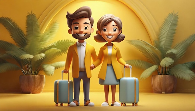 3d Couple of tourists with suitcases