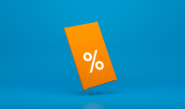 Buono 3d giallo con percentuale su sfondo blu per il rendering 3d di marketing promozionale