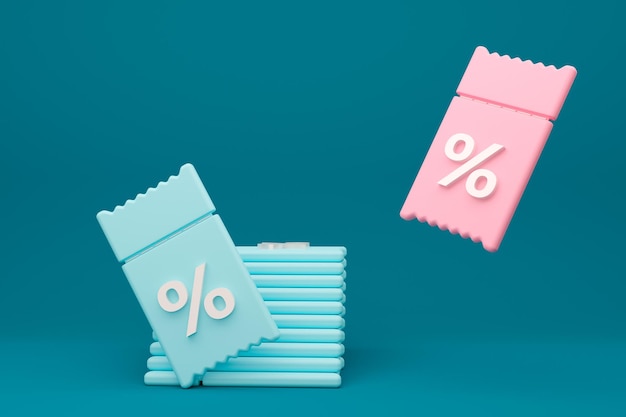 3d coupons pink and blue colors with percent on a turquoise background For promotion marketing