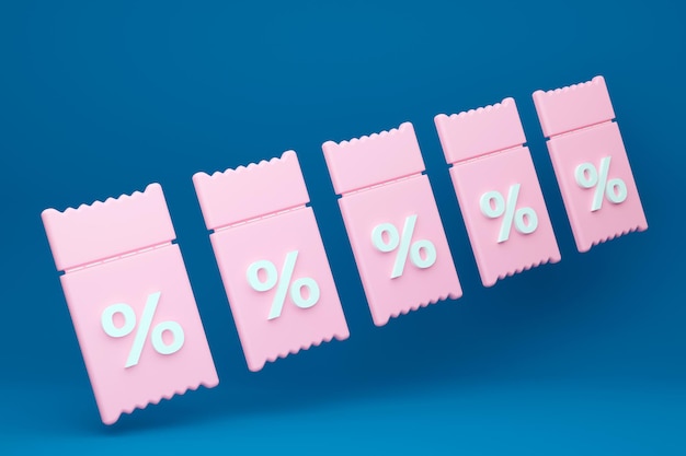 Фото 3d купоны розовые с процентами на синем фоне для продвижения маркетинга 3d рендеринга