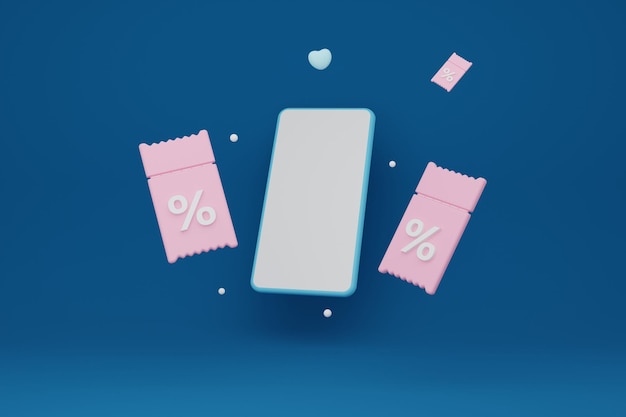 3D-coupons roze kleur met telefoon op een blauwe achtergrond Voor promotiemarketing en reclame