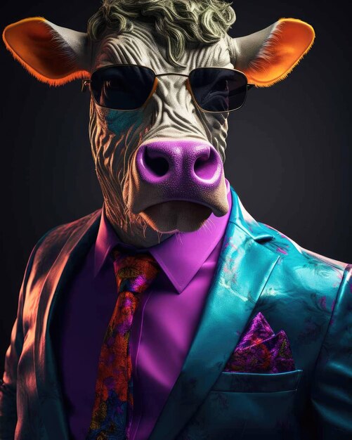 3D cow in business suit with a human body looking serious with a dramatic studio background