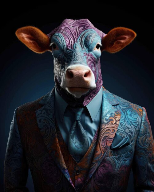 3D cow in business suit with a human body looking serious with a dramatic studio background