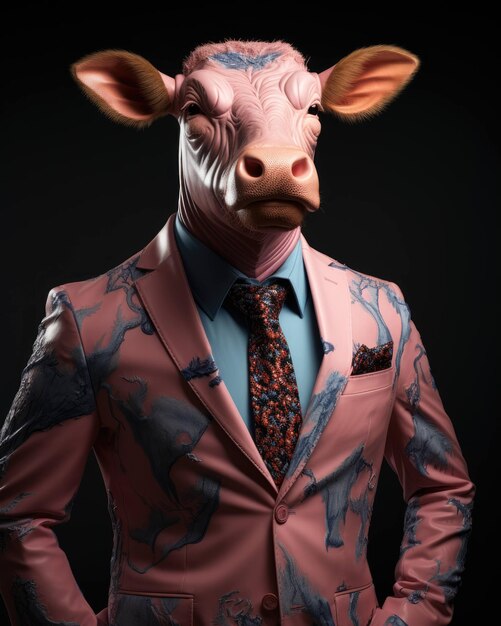 写真 劇的なスタジオの背景を持つ真剣な表情の人体を持つビジネス スーツを着た 3 d の牛