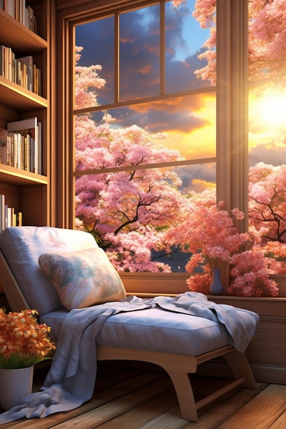 a 3D cozy reading nook by a window with a view of a spring landscape outside