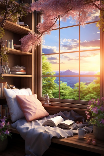 a 3D cozy reading nook by a window with a view of a spring landscape outside